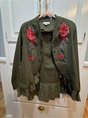 Simply Noelle Olive Green Ruffle Jacket S/M Custom Upcycled Red Rose Floral Boho